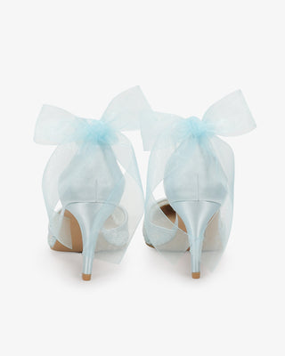Light Blue Lace Heels with Wrapped Sheer Ankle Tie For Brides