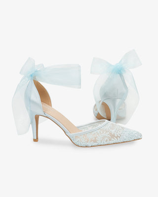 Light Blue Lace Heels with Wrapped Sheer Ankle Tie For Brides