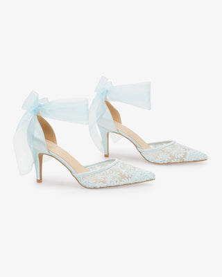 Light Blue Lace Heels with Wrapped Sheer Ankle Tie For Brides