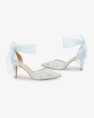 Light Blue Lace Heels with Wrapped Sheer Ankle Tie For Brides