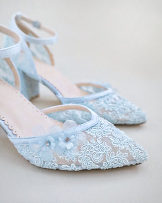 light blue crochet wedding block heels with flower embellishment