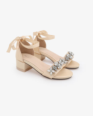 Satin Girls Block Heel Sandals with Floral Rhinestones