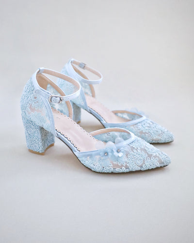 light blue crochet wedding block heels with flower embellishment