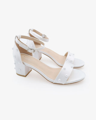 White Satin Block Heel Wedding Sandals with Scattered Pearls