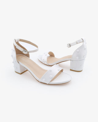 White Satin Block Heel Wedding Sandals with Scattered Pearls