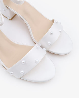 White Satin Block Heel Wedding Sandals with Scattered Pearls