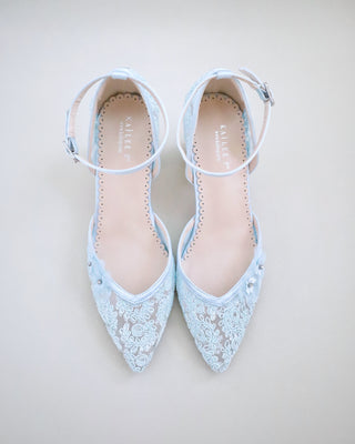 light blue crochet wedding block heels with flower embellishment