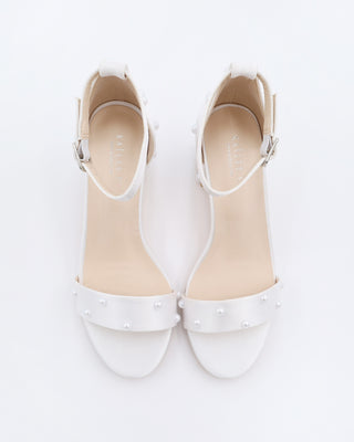 Satin Block Heel Sandals with Scattered Pearls