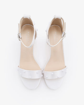 White Satin Block Heel Wedding Sandals with Scattered Pearls