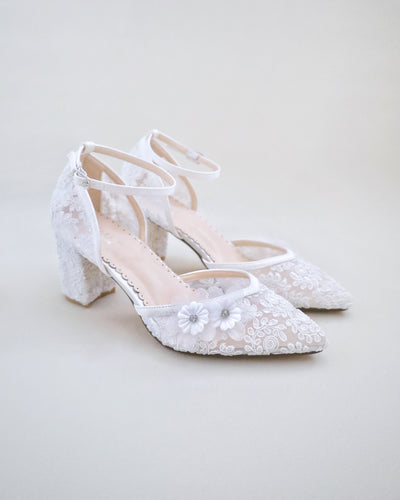 white crochet wedding block heels with flower embellishment