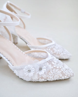 white crochet wedding block heels with flower embellishment
