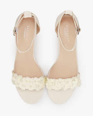 Satin Block Heel Wedding Sandals with Pearls PetalWomen Shoes
