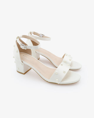 Ivory Satin Block Heel Wedding Sandals with Scattered Pearls