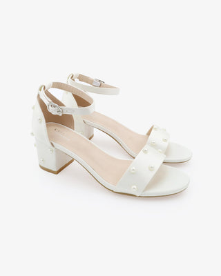 Ivory Satin Block Heel Wedding Sandals with Scattered Pearls
