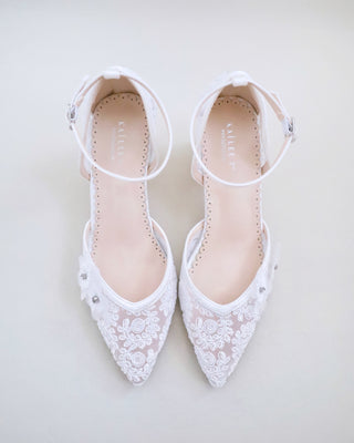 white crochet wedding block heels with flower embellishment