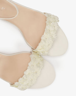 Ivory Satin Block Heel Wedding Sandals with Pearls Petal, Bridal Shoes