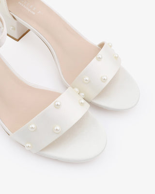 Ivory Satin Block Heel Wedding Sandals with Scattered Pearls