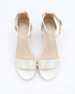 Satin Block Heel Sandals with Scattered Pearls