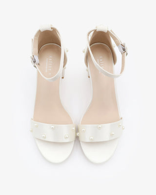 Ivory Satin Block Heel Wedding Sandals with Scattered Pearls