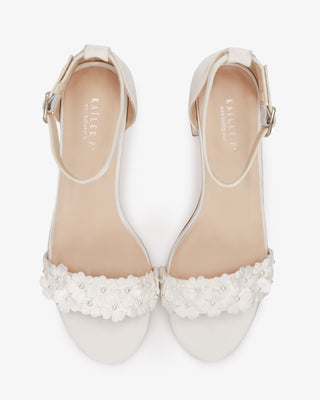 Satin Block Heel Wedding Sandals with Pearls PetalWomen Shoes