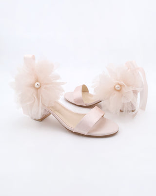Dusty Pink Satin Block Heel Evening Sandals with Ophelia Flowers