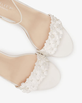 White Satin Block Heel Wedding Sandals with Pearls Petal, Bridal Shoes