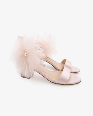 Dusty Pink Satin Block Heel Evening Sandals with Ophelia Flowers