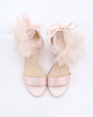 Dusty Pink Satin Block Heel Evening Sandals with Ophelia Flowers