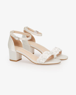 Satin Block Heel Wedding Sandals with Pearls Petal