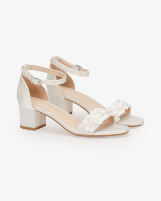 White Satin Block Heel Wedding Sandals with Pearls Petal, Bridal Shoes
