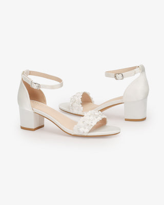 Satin Block Heel Wedding Sandals with Pearls PetalWomen Shoes