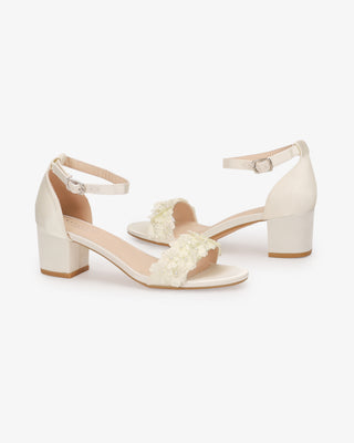 Satin Block Heel Wedding Sandals with Pearls PetalWomen Shoes