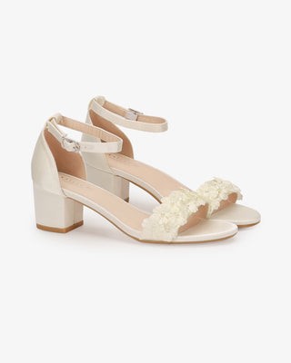Ivory Satin Block Heel Wedding Sandals with Pearls Petal, Bridal Shoes