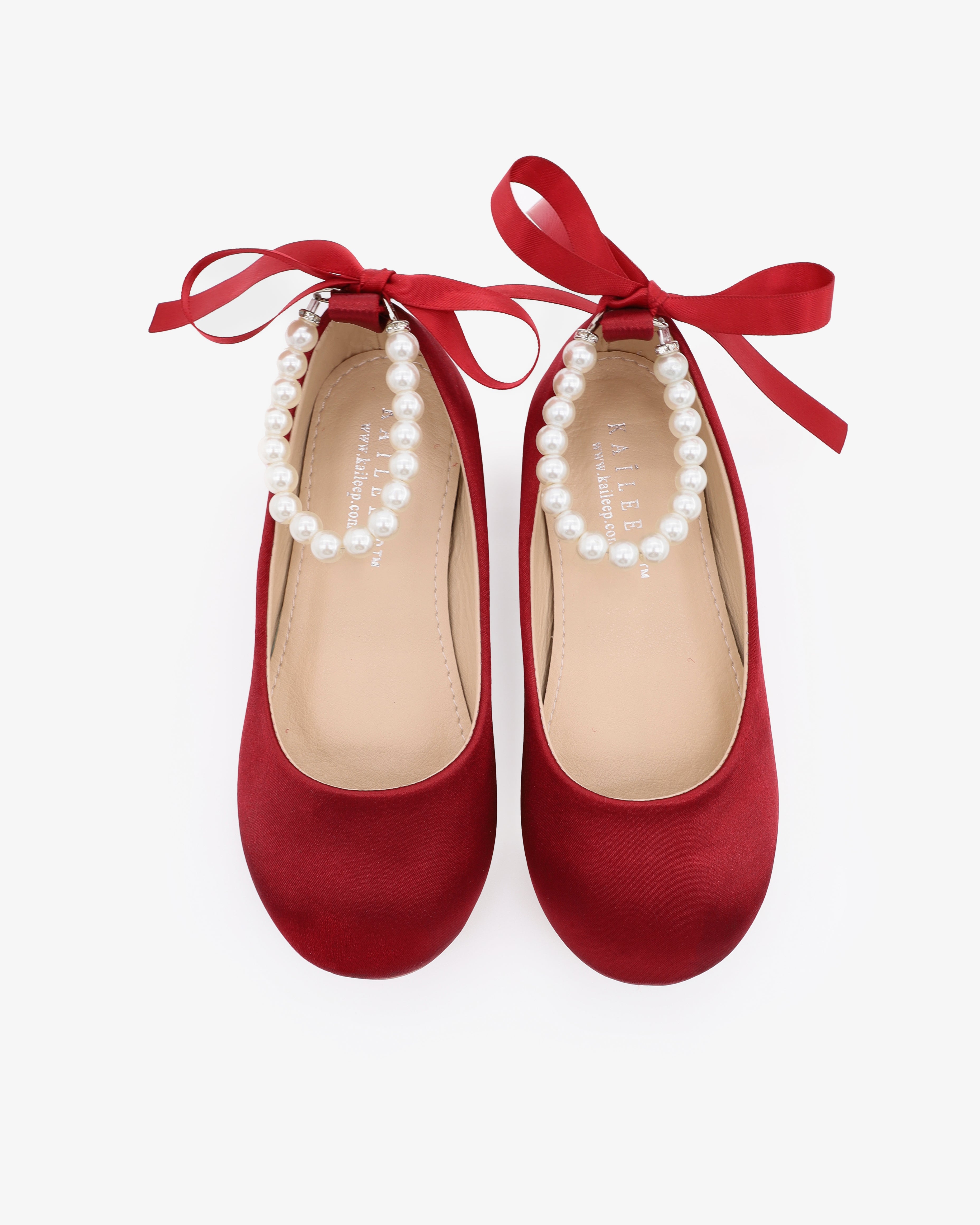 Burgundy Satin Flats with Pearls Ankle Strap, Flower Girls Shoes