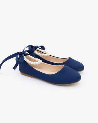 Navy Satin Flats with Pearls Ankle Strap, Girls Shoes, Birthday Shoes 5 Walker