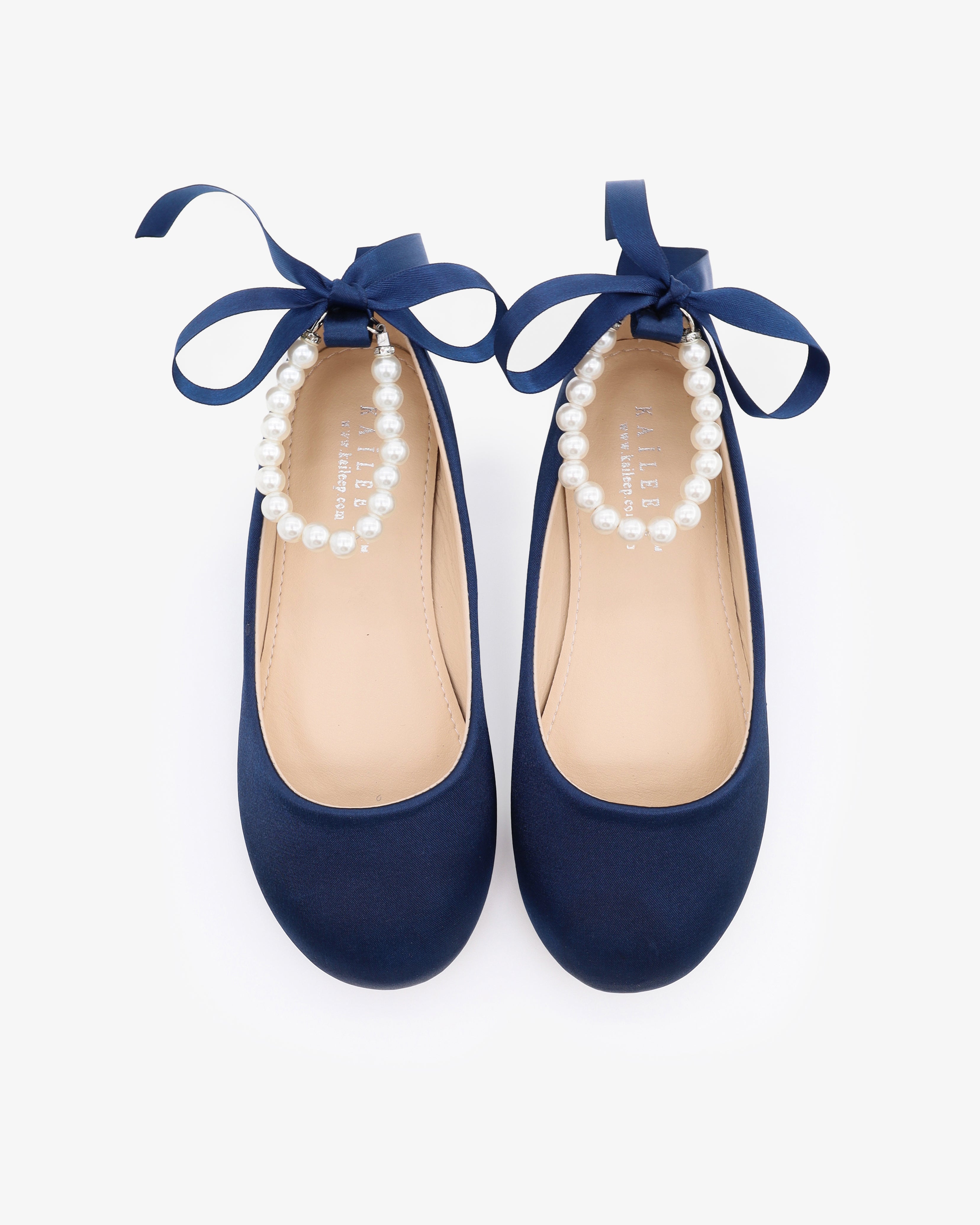 Navy Satin Flats with Pearls Ankle Strap, Girls Shoes, Birthday Shoes