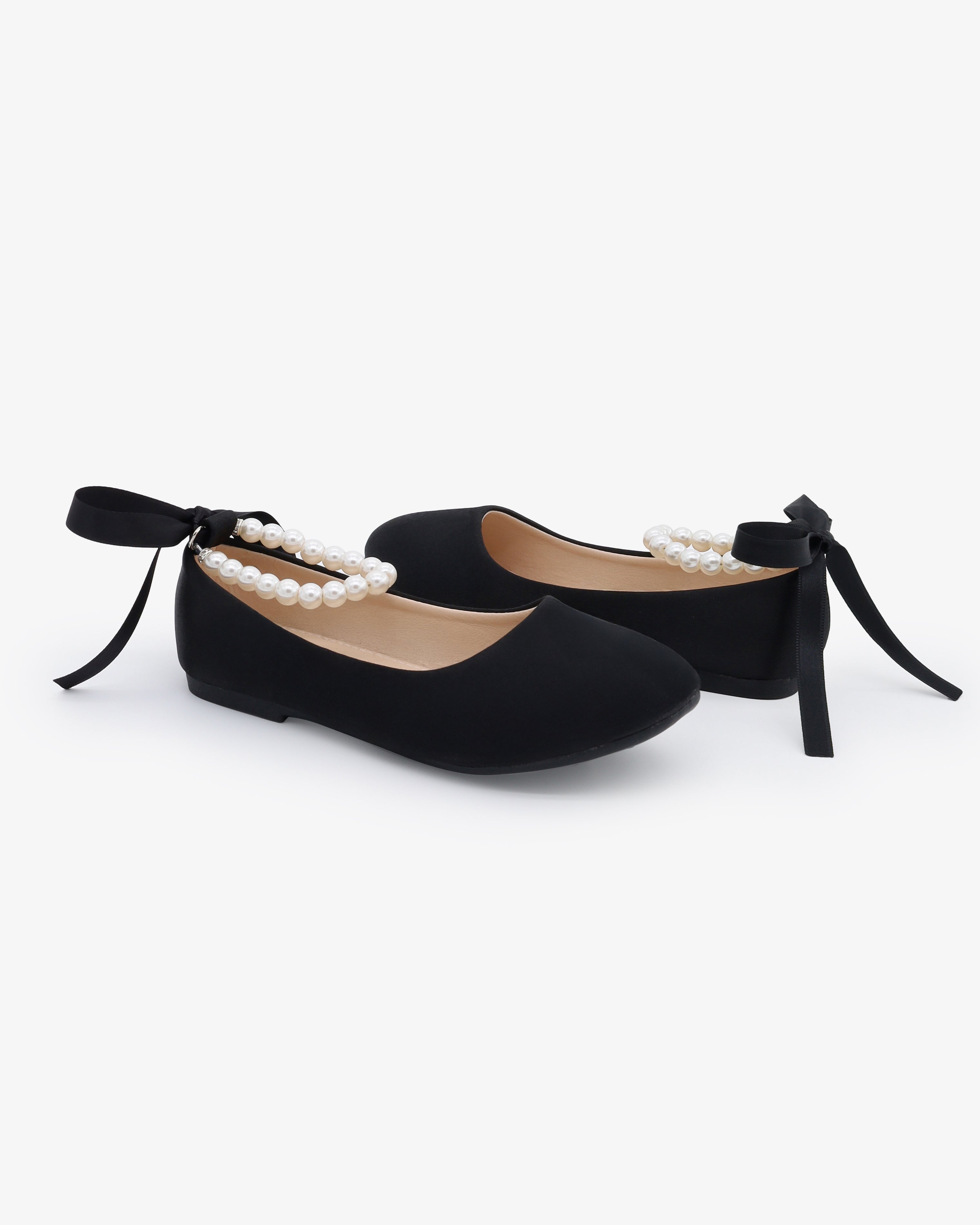 Black Satin Flats with Pearls Ankle Strap, Girls Party Shoes Black Satin Flats with Pearls Ankle Strap, Girls Party Shoes