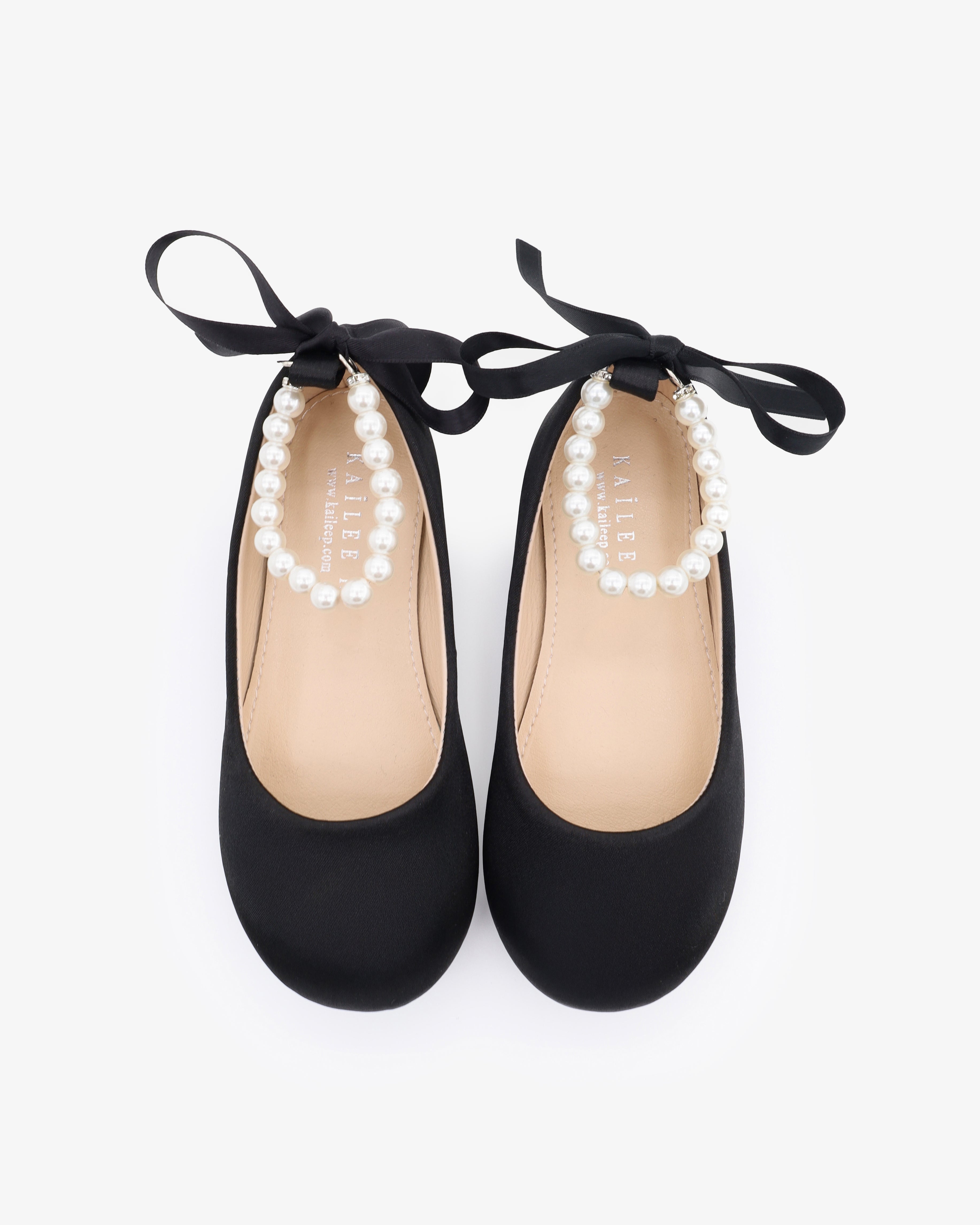 Black Satin Flats with Pearls Ankle Strap, Girls Party Shoes Black Satin Flats with Pearls Ankle Strap, Girls Party Shoes
