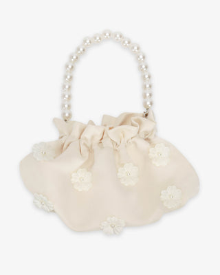 Ivory Cleo Pearl Satin Mini Pouch with Pearls Petal Flowers and Short Pearl Strap