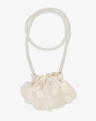 Ivory Cleo Pearl Satin Mini Pouch with Pearls Petal Flowers and 28 inch Pearl Strap