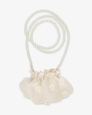 Ivory Cleo Pearl Satin Mini Pouch with Pearls Petal Flowers and 38 inch Pearl Strap