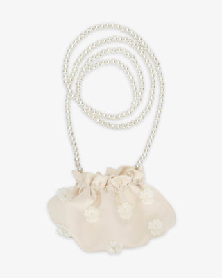 Ivory Cleo Pearl Satin Mini Pouch with Pearls Petal Flowers and 45 inch Pearl Strap
