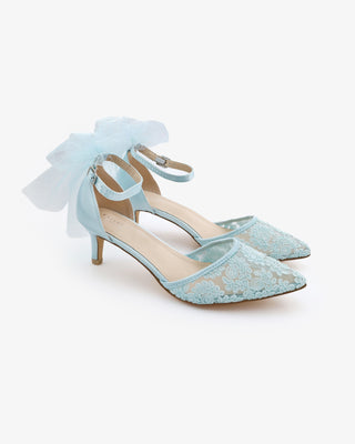 Crochet Lace Pointy Toe Wedding Low Heels with Tulle Back Bow