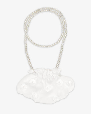 White Cleo Pearl Satin Mini Pouch with Pearls Petal Flowers and 28 inch Pearl Strap