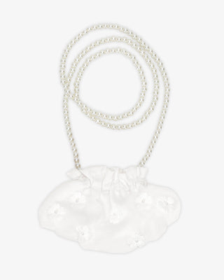 White Cleo Pearl Satin Mini Pouch with Pearls Petal Flowers and 38 inch Pearl Strap