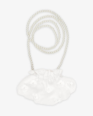White Cleo Pearl Satin Mini Pouch with Pearls Petal Flowers and 45 inch Pearl Strap