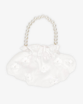 White Cleo Pearl Satin Mini Pouch with Pearls Petal Flowers and short Pearl Strap