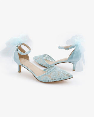 Crochet Lace Pointy Toe Wedding Low Heels with Tulle Back Bow