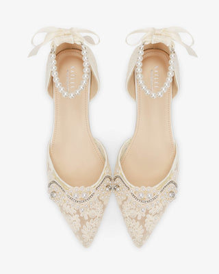 Ivory Crochet Lace Pointy Toe Wedding Flats with Small Pearls Applique and All Pearls Ankle Strap