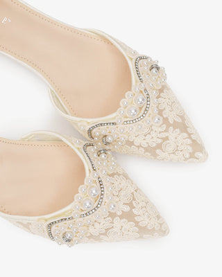 Ivory Crochet Lace Pointy Toe Wedding Flats with Small Pearls Applique and All Pearls Ankle Strap